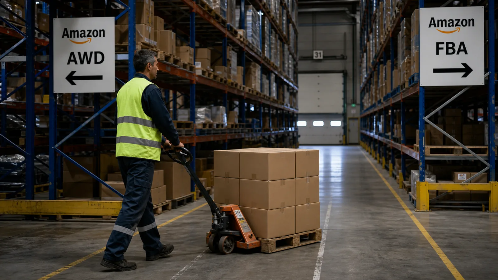 Operario mueve un palé entre las zonas Amazon AWD y FBA de un almacén europeo