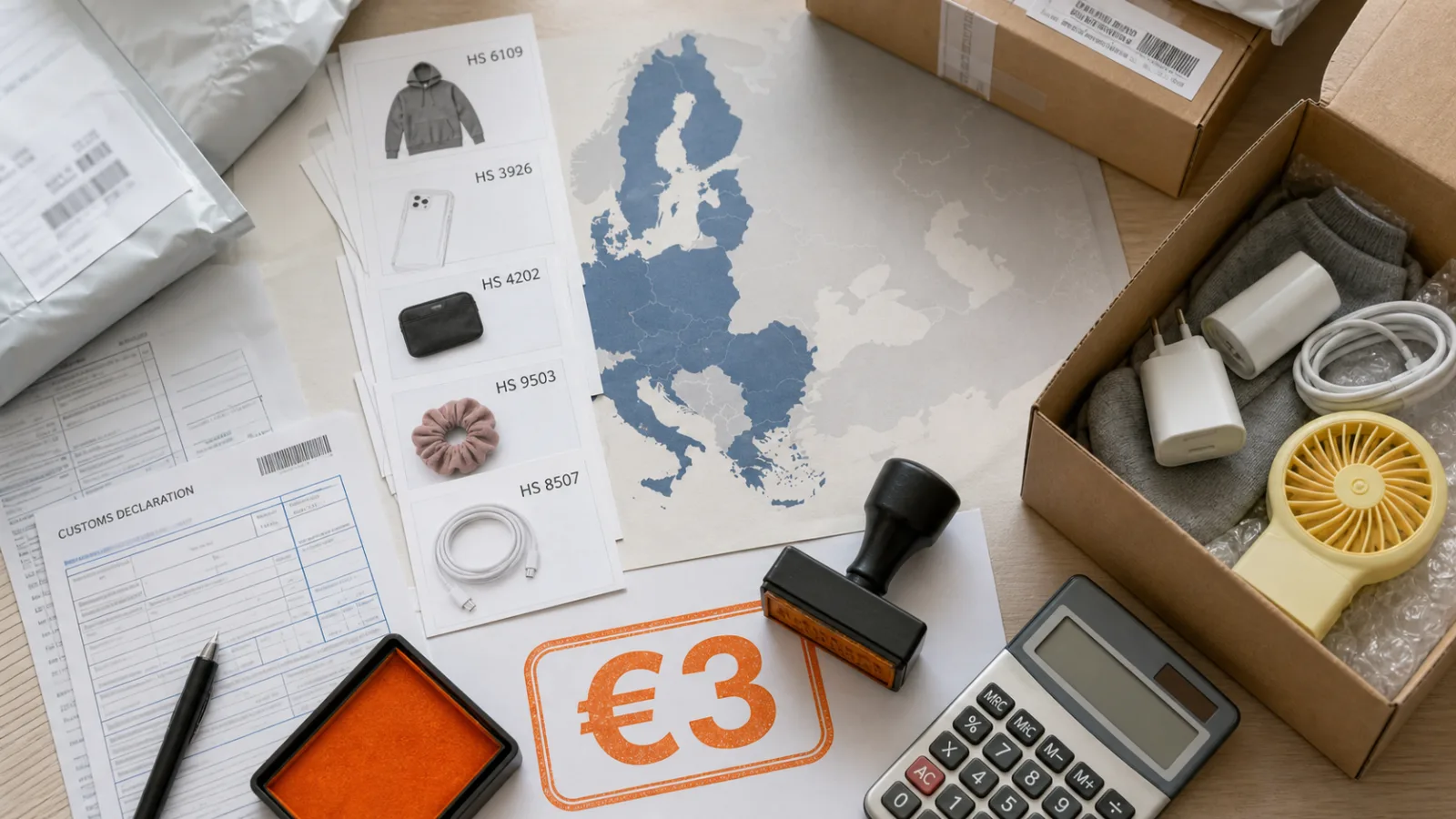 Mesa de aduanas ecommerce con mapa de Europa, paquetes, códigos HS y sello de 3 euros