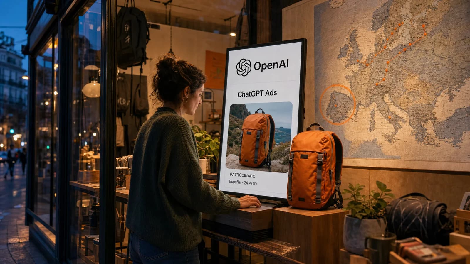 Tienda española preparando un anuncio de ecommerce en ChatGPT Ads junto a un mapa de Europa con España señalada