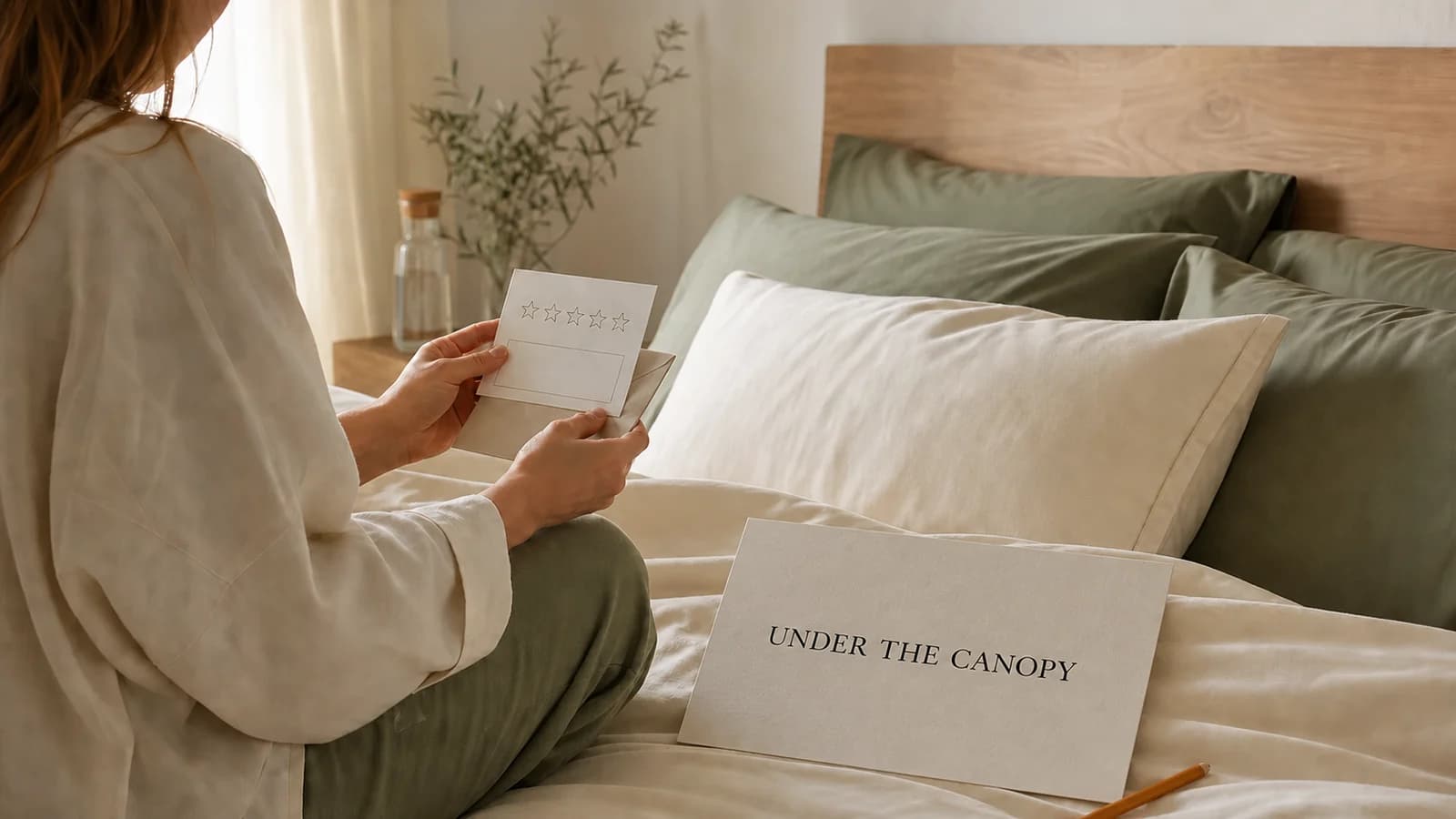Compradora de Under The Canopy evalúa unas sábanas y abre una tarjeta de reseña poscompra