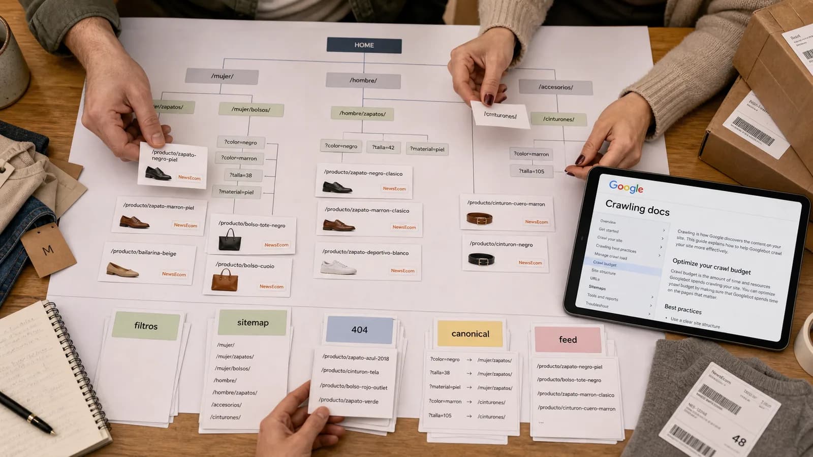 Mesa de auditoría SEO con mapa de filtros de catálogo ecommerce y documentación de Google Crawling en una tableta