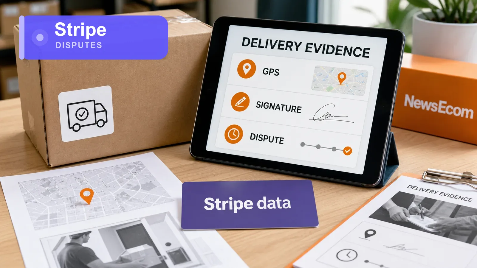 Tablet con checklist de evidencias de entrega, paquete y mapa de entrega sobre una mesa ecommerce
