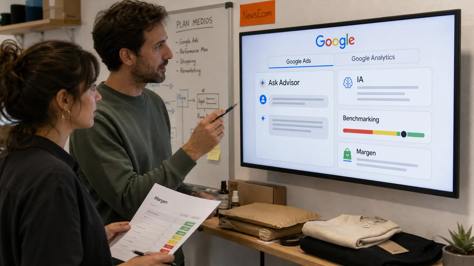 Equipo ecommerce revisando Google Ads y Google Analytics con Ask Advisor, benchmarking IA y una hoja de margen