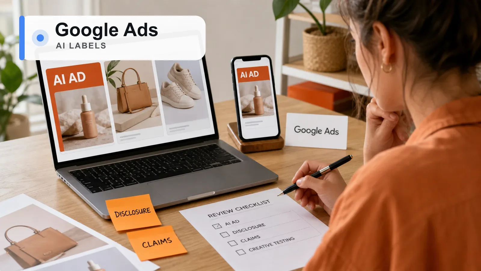 Persona revisando creatividades Ecommerce con etiquetas de anuncio creado con IA y checklist de claims