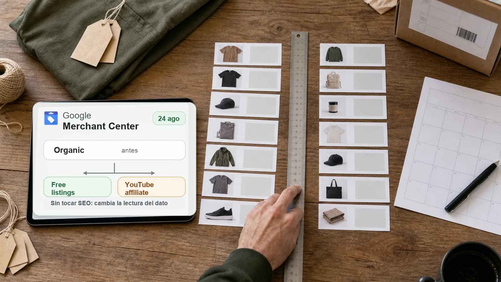 Tablet con el logo oficial de Google Merchant Center separando Organic entre Free listings y YouTube affiliate sobre una mesa de catálogo ecommerce