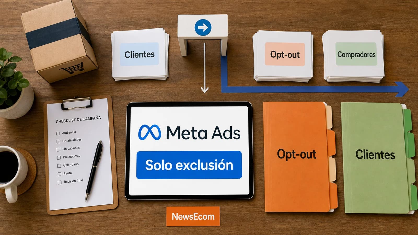 Mesa de control de campañas ecommerce con Meta Ads, listas de clientes, opt-out y una ruta de solo exclusión