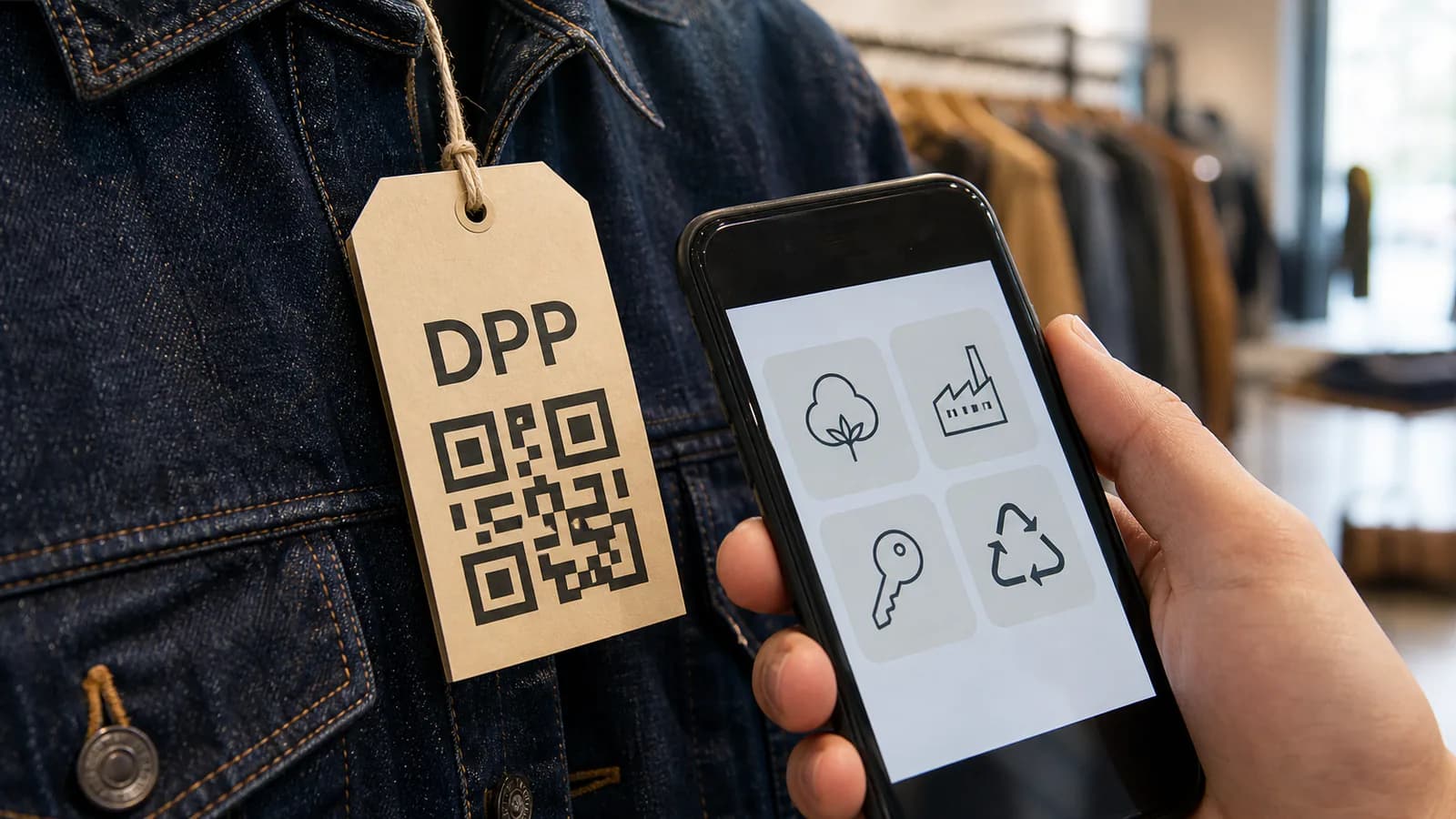 Mano escaneando la etiqueta DPP de una chaqueta para abrir su pasaporte digital de producto