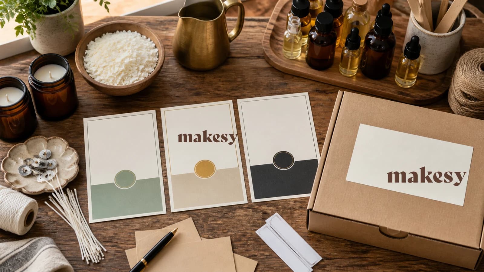 Tarjetas de fidelización de Makesy sobre una mesa de supplies para velas junto a un paquete de ecommerce