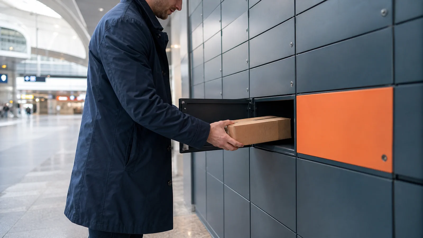 Comprador retirando un paquete de un locker en una estación urbana europea
