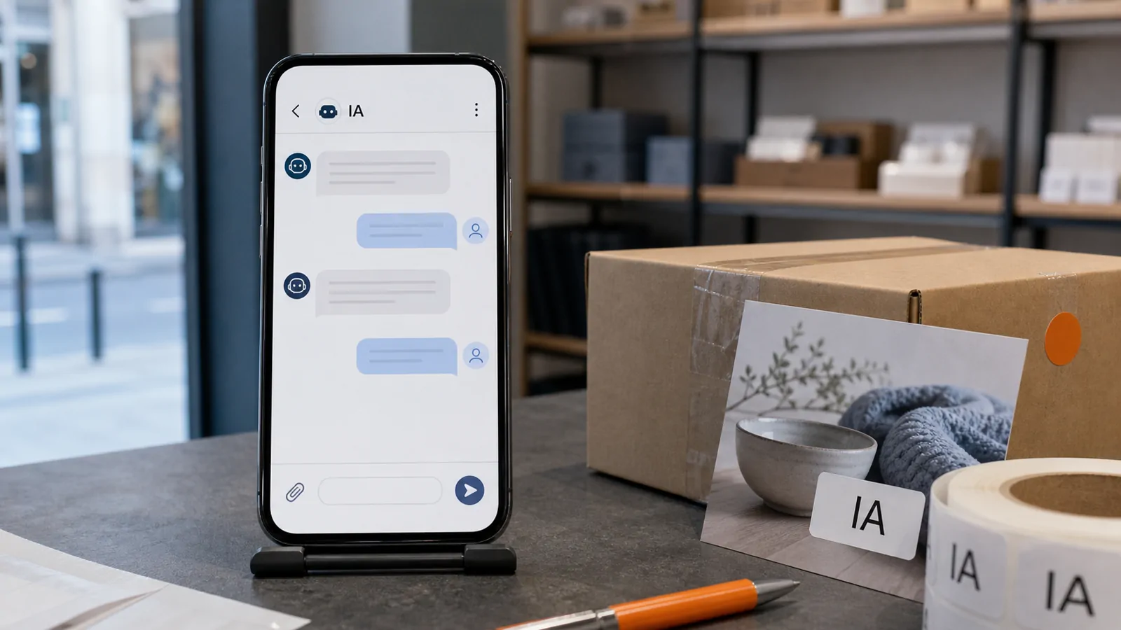 Mostrador ecommerce con un móvil mostrando un chat de soporte marcado como IA y etiquetas de transparencia para contenido generado