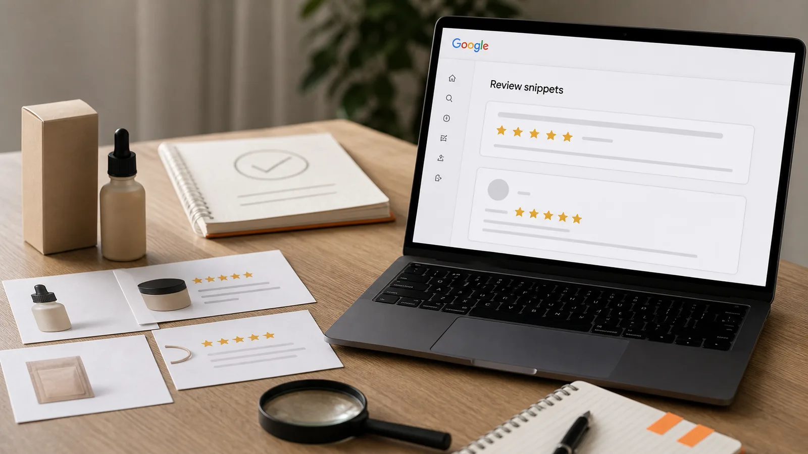 Mesa de auditoría SEO ecommerce con reseñas de producto, estrellas y una interfaz de Google Review snippets en un portátil
