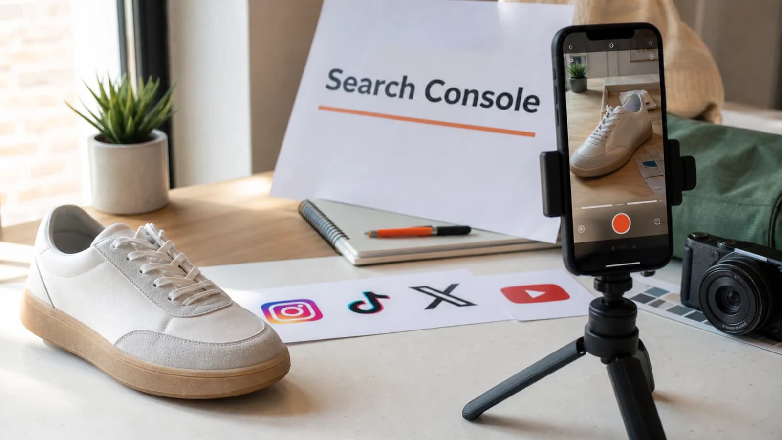 Set de contenido ecommerce con un móvil grabando producto y una hoja editorial de Search Console