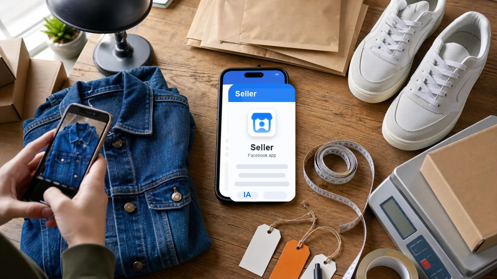 Mesa de reventa ecommerce con móvil mostrando el icono oficial de Seller, app de Facebook, para crear listings con IA
