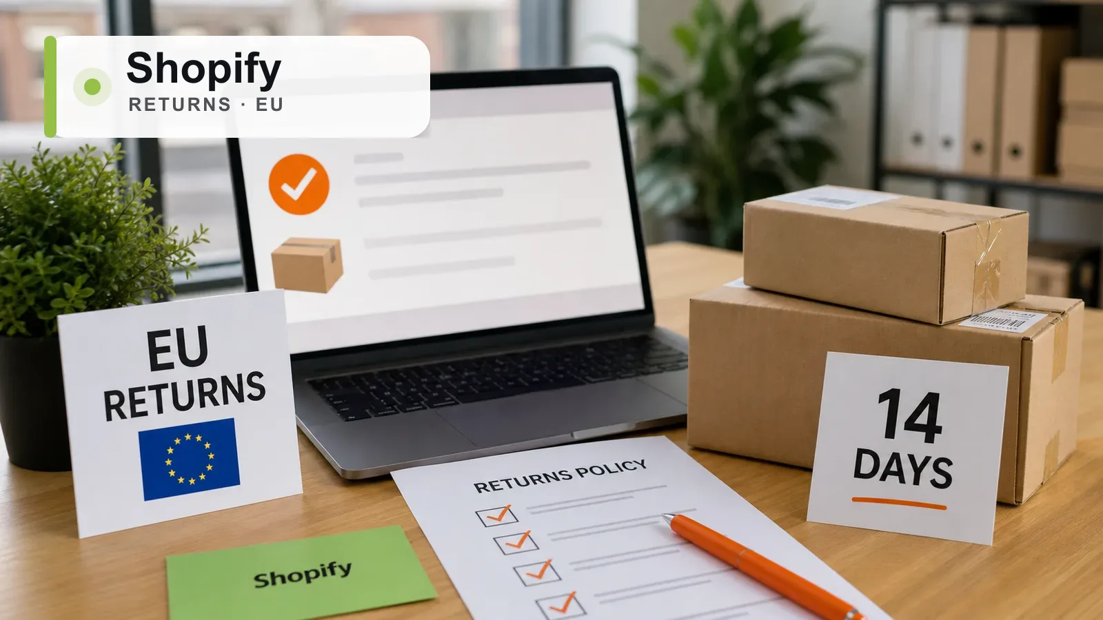 Mesa ecommerce con paquetes, portátil y tarjetas de devoluciones de la UE con regla de 14 días