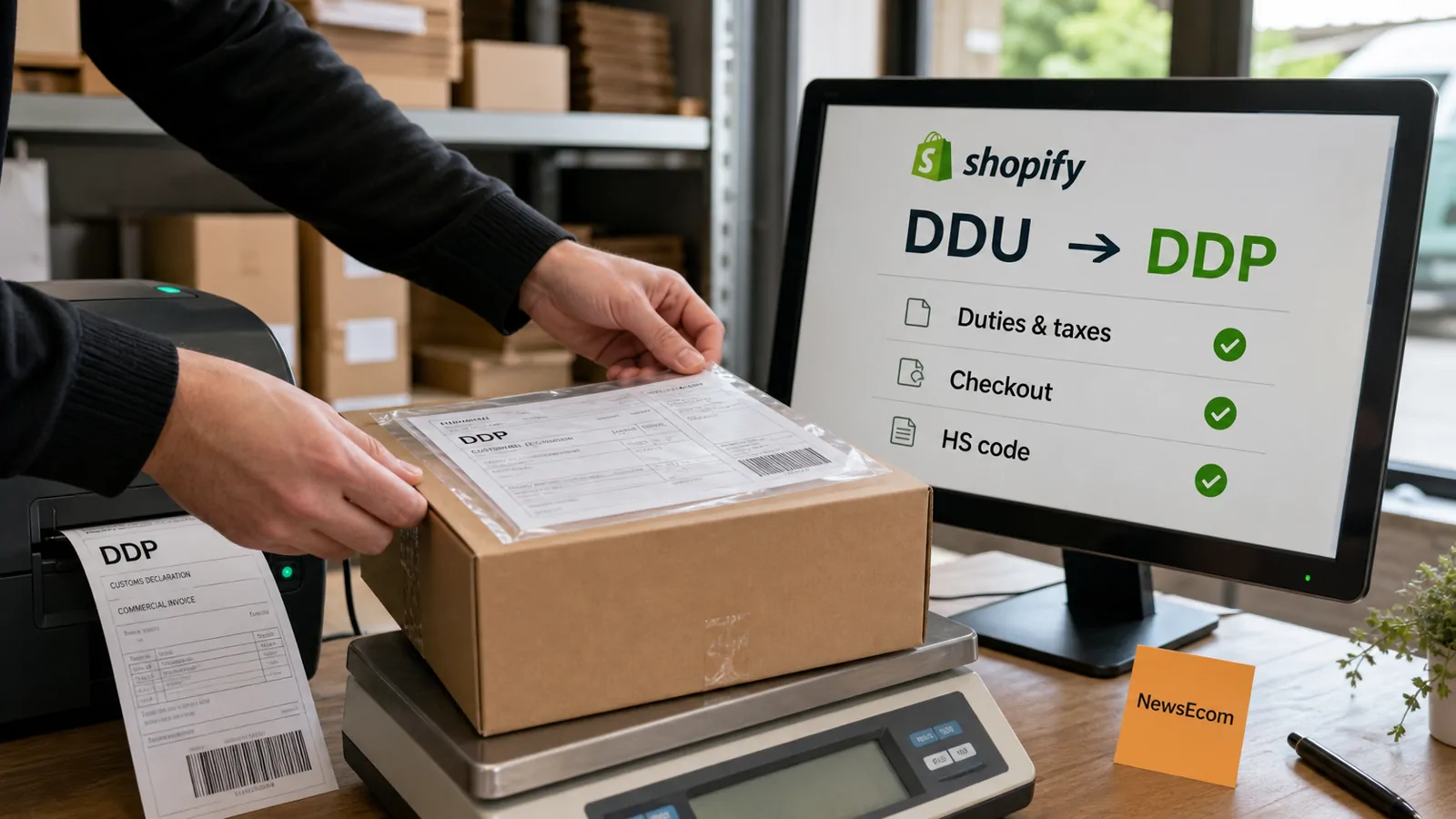 Estación de expedición con pantalla de Shopify mostrando el cambio de DDU a DDP y una etiqueta aduanera DDP en un paquete