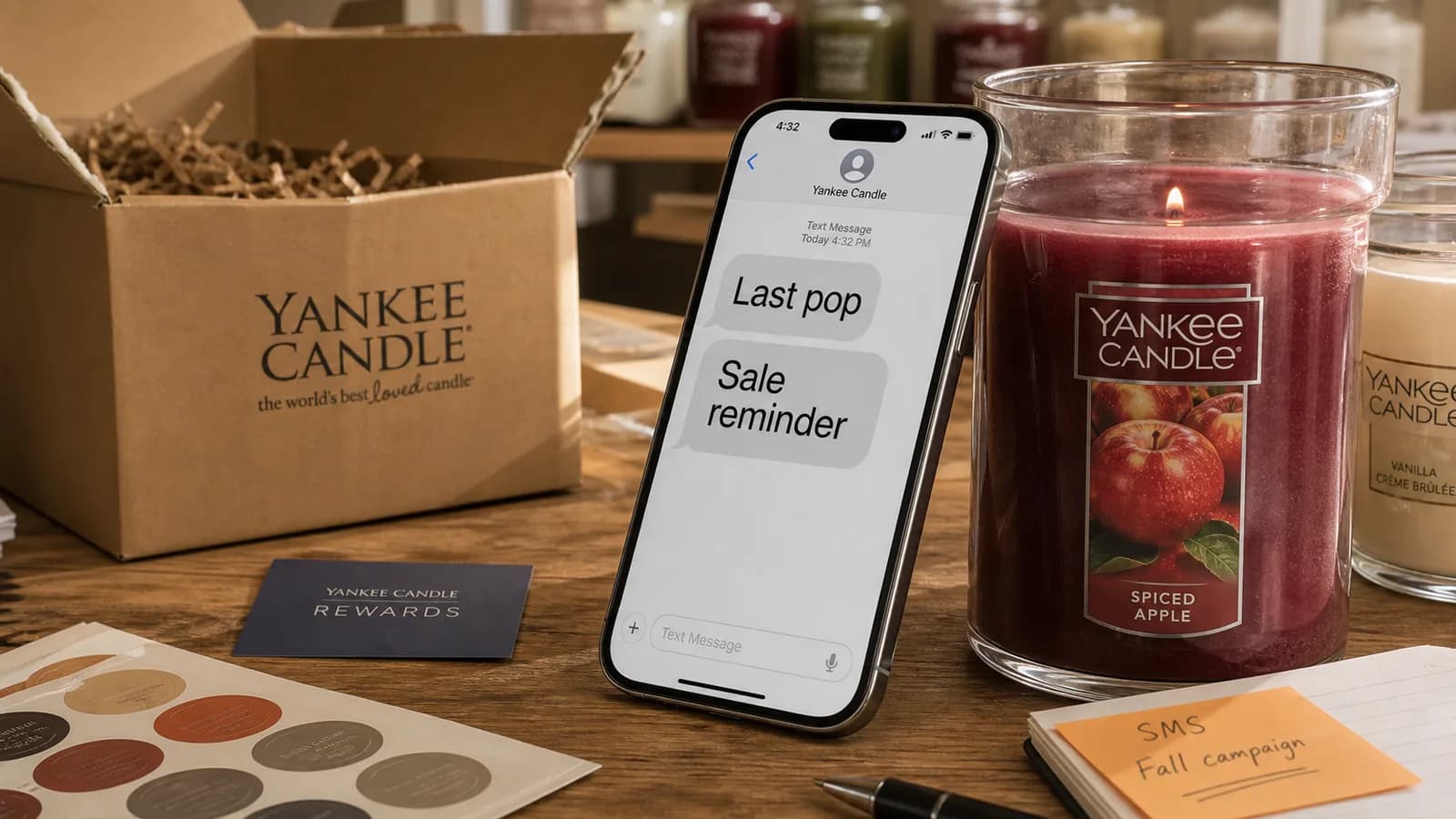 Vela Yankee Candle y móvil con un SMS de retargeting estacional sobre una mesa de campaña ecommerce