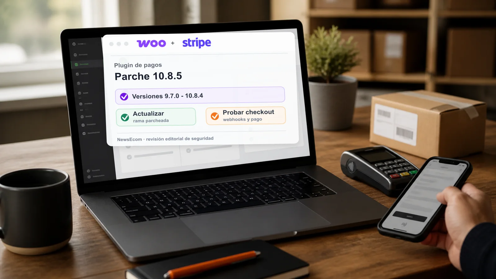 Portátil con los logos oficiales de Woo y Stripe mostrando el parche 10.8.5 junto a un checkout móvil y un datáfono