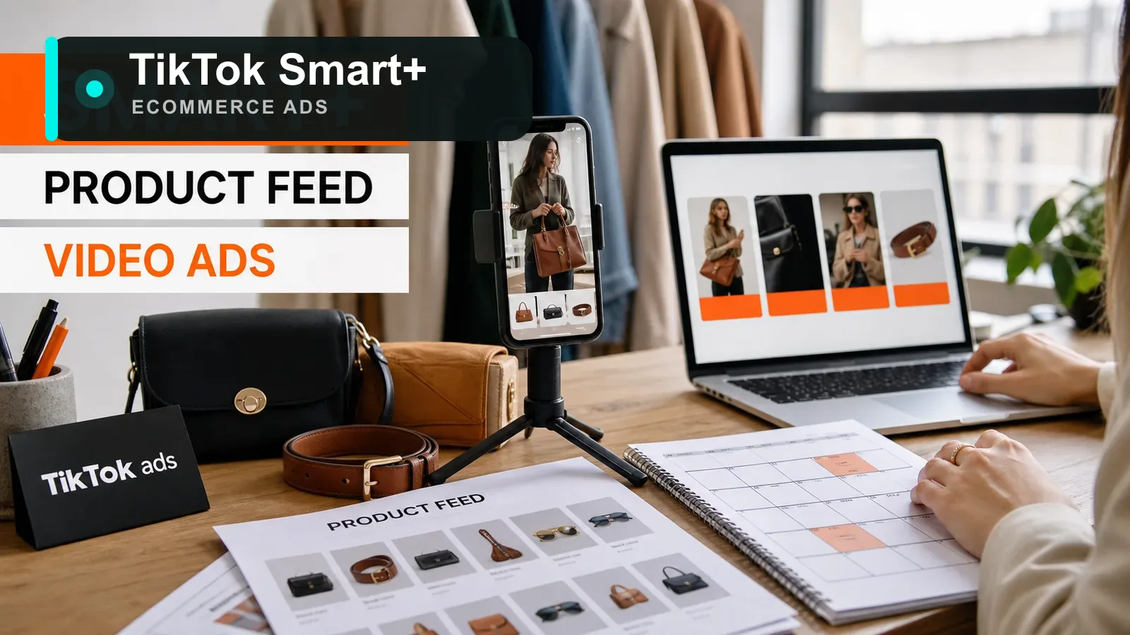 Mesa de campaña ecommerce con productos de moda, móvil grabando vídeo y pantallas de feed de producto para TikTok Ads