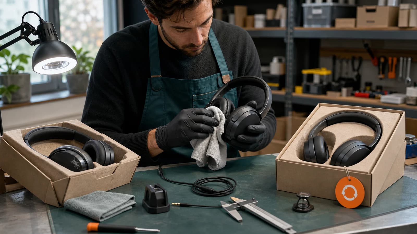 Técnico de una tienda online inspecciona y limpia auriculares devueltos antes de venderlos como reacondicionados