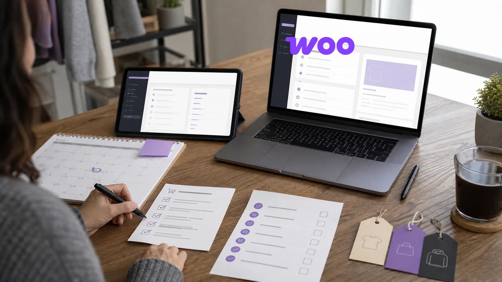 Mesa de mantenimiento ecommerce con calendario de actualización, checklist de staging y wordmark oficial de Woo en una pantalla