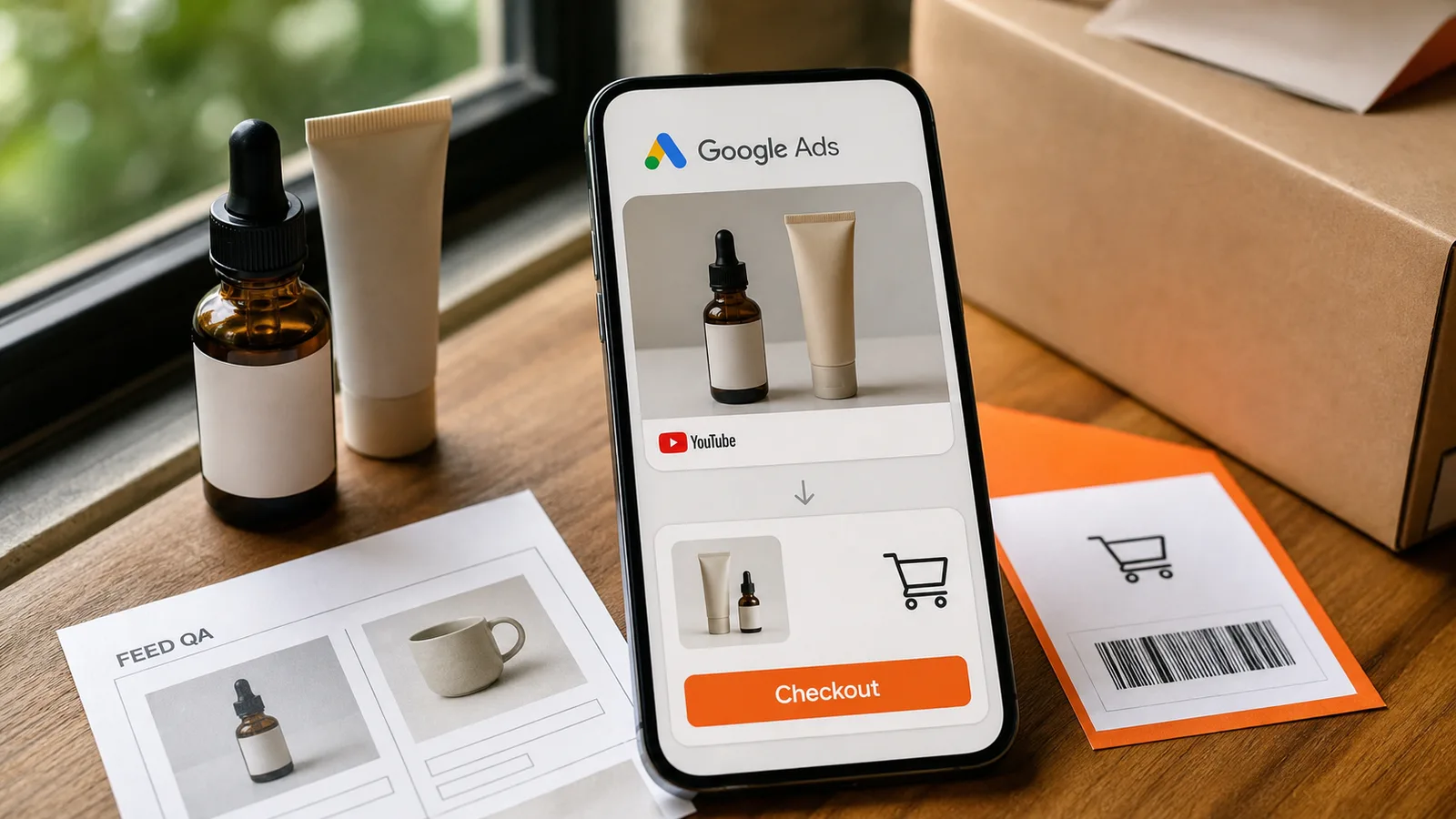 Móvil con Google Ads mostrando un anuncio de producto que baja a un botón de checkout junto a feed y paquete ecommerce