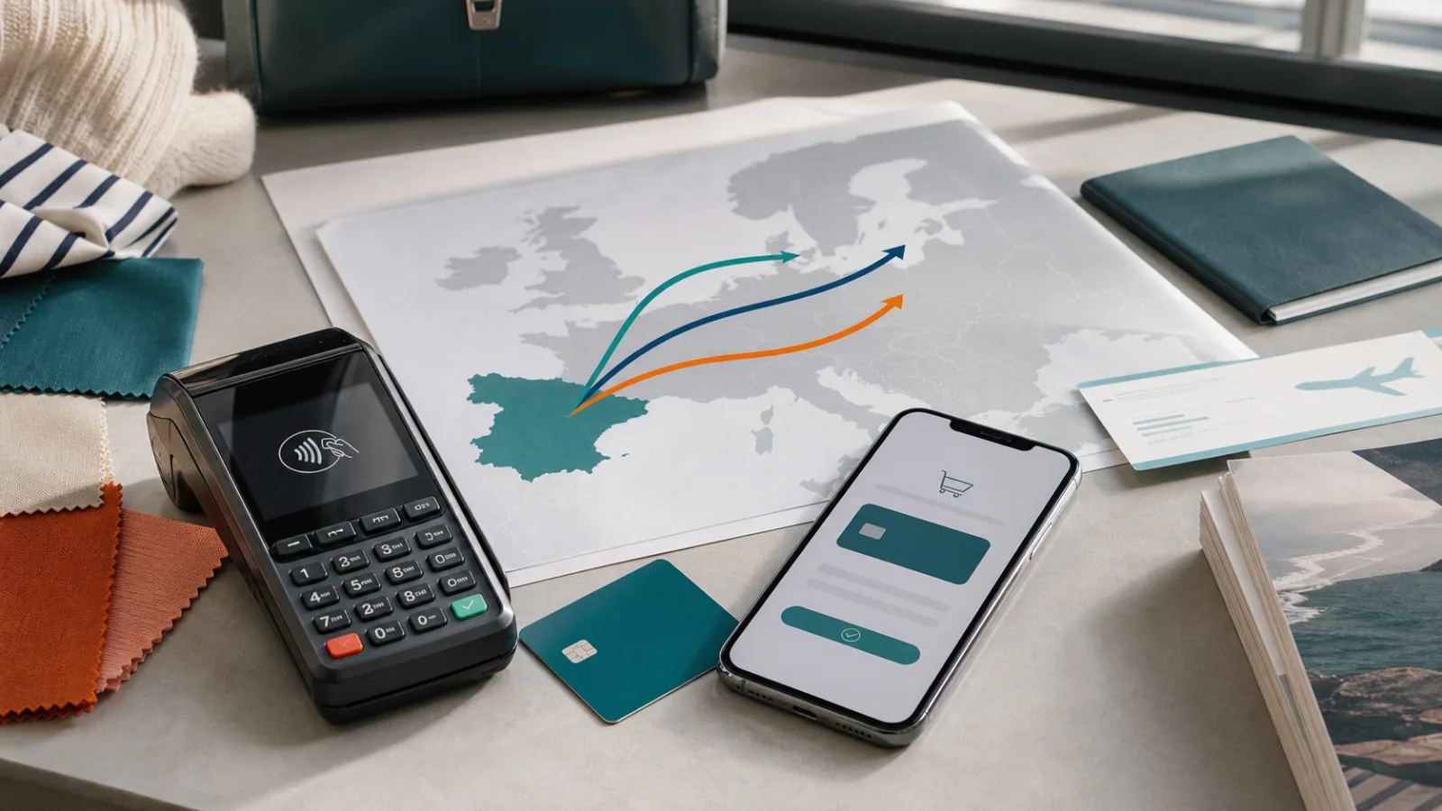 Terminal de pago, móvil con checkout y mapa de flujos ecommerce entre España y Europa