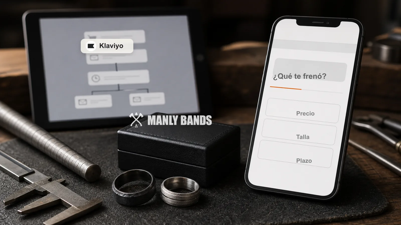 Teléfono con survey flow de carrito abandonado de Manly Bands y panel de Klaviyo junto a anillos ecommerce