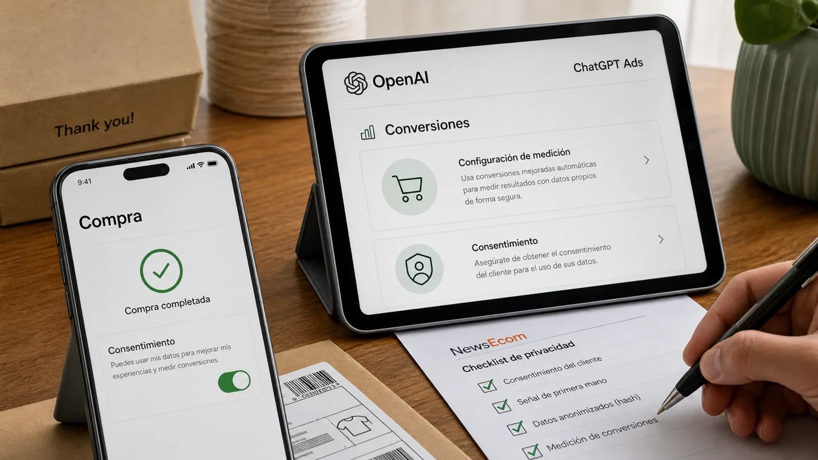 Checkout móvil y tablet con OpenAI ChatGPT Ads revisando conversiones, consentimiento y privacidad ecommerce