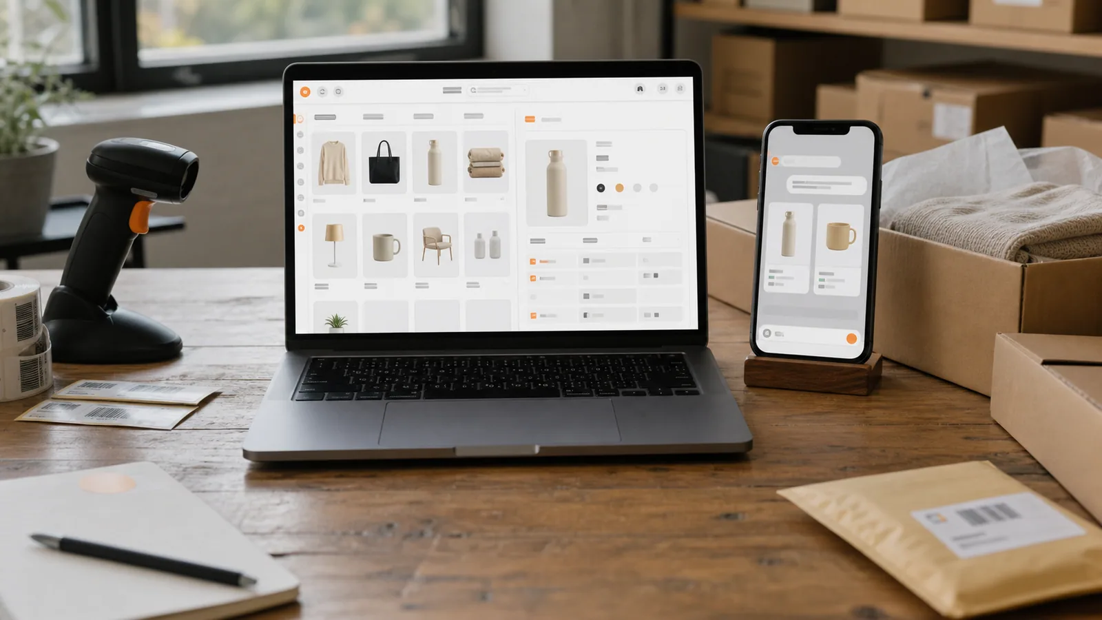Catálogo ecommerce estructurado en un portátil conectado a un asistente de compra con IA
