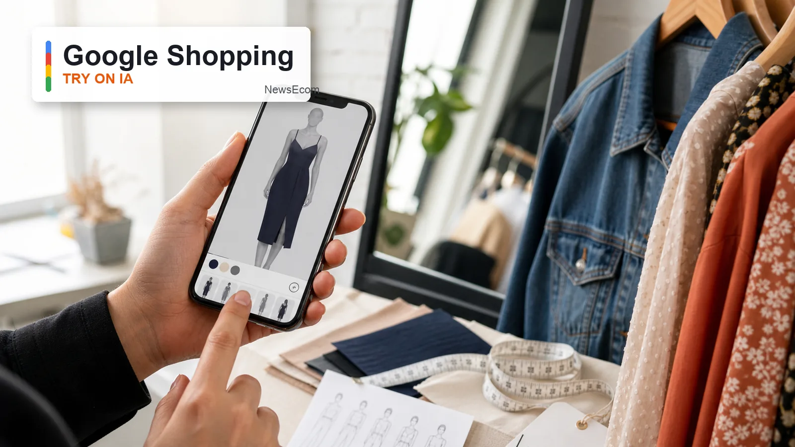 Móvil con Google Try On junto a prendas de moda, guía de tallas y etiquetas de producto para ecommerce