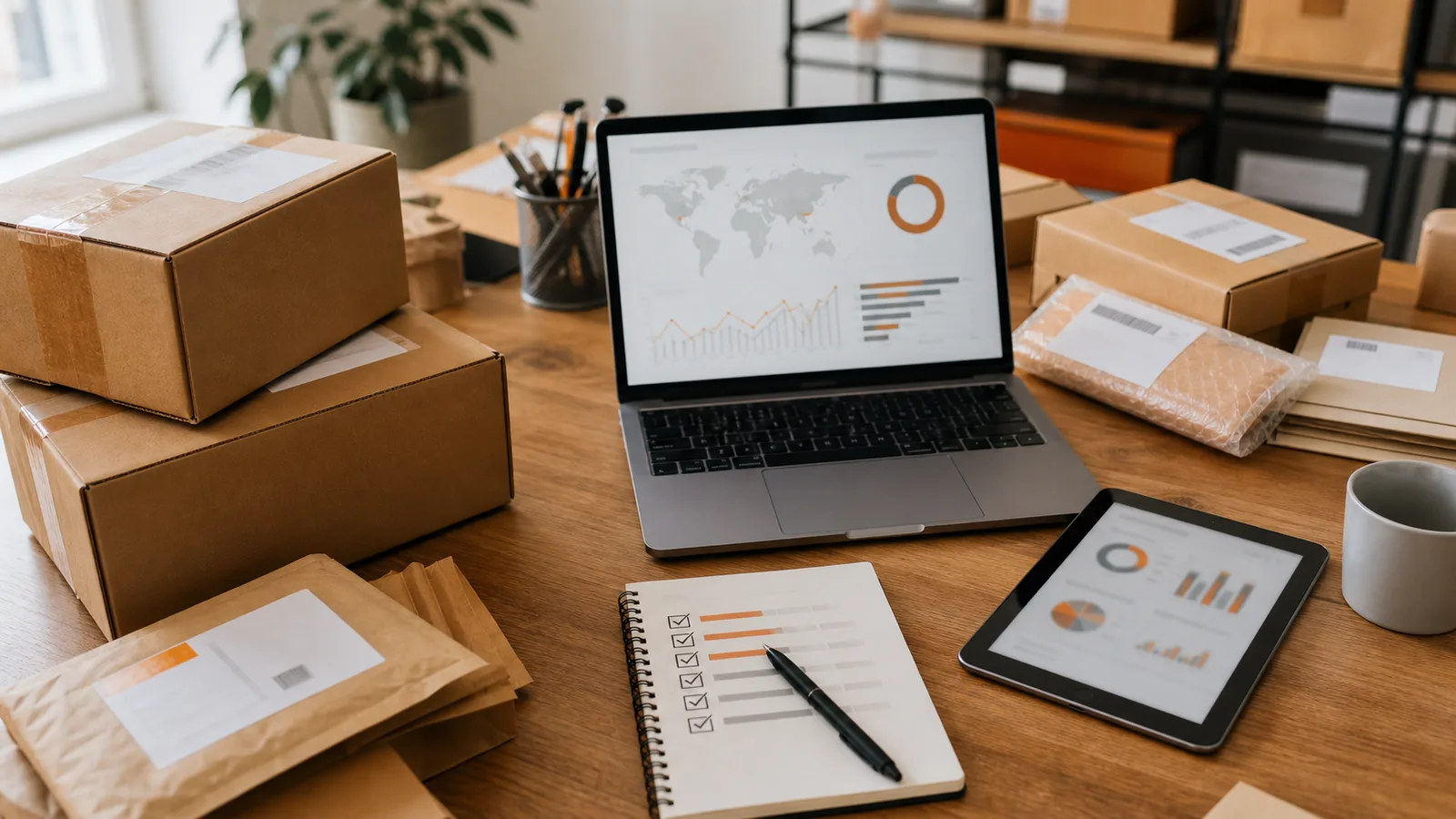 Mesa de análisis ecommerce con paquetes, etiquetas de envío anónimas y gráficas abstractas