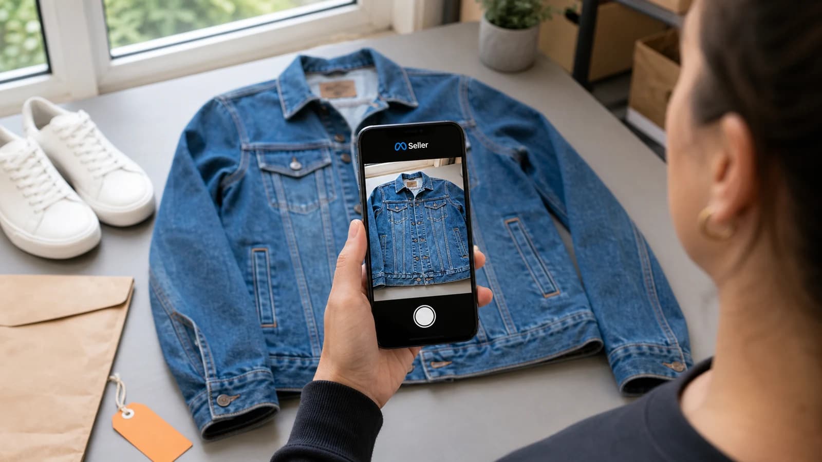Vendedora fotografiando una chaqueta con Meta Seller, con la pantalla hacia ella y la cámara trasera orientada al producto