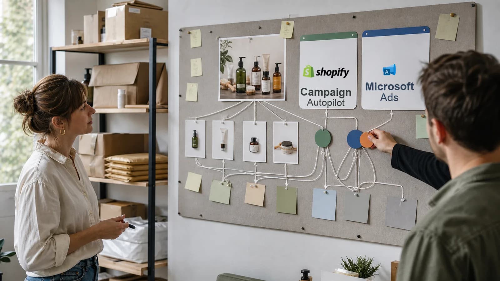 Tablero de campaña ecommerce con Shopify Campaign Autopilot asignando presupuesto hacia Microsoft Ads