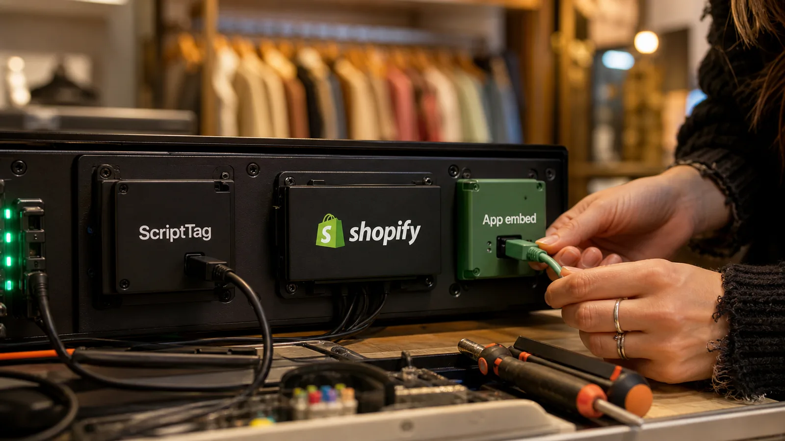 Técnica conecta un módulo App embed junto a un módulo ScriptTag y un equipo con el logo de Shopify