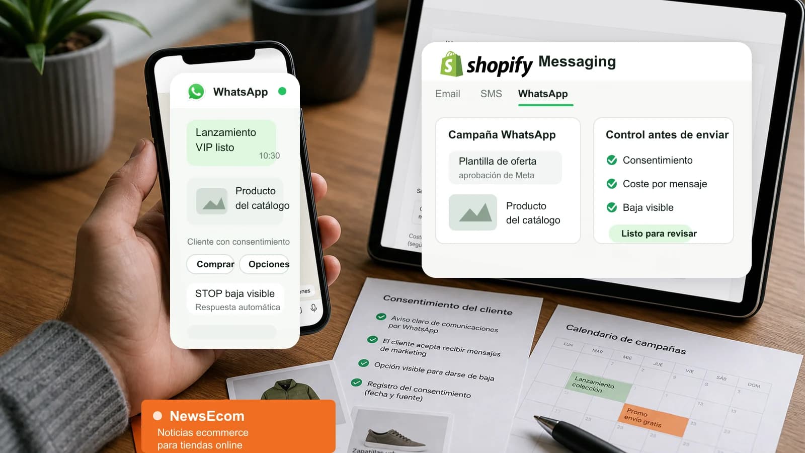 Teléfono con WhatsApp y panel de Shopify Messaging para revisar una campaña ecommerce con consentimiento